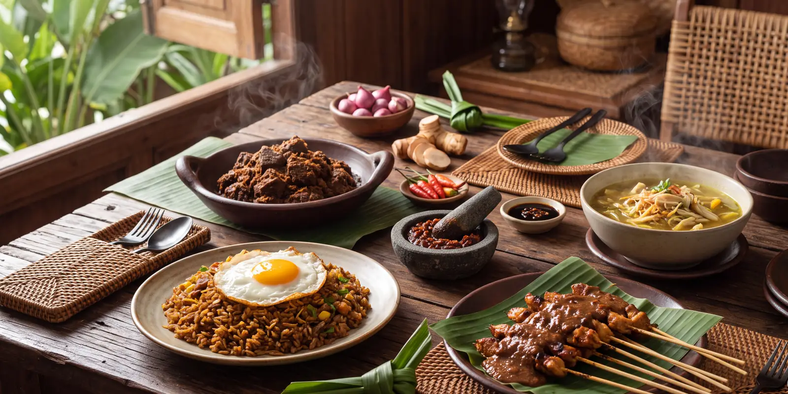 The Indonesia table from the cookbook chapter opener, laid with the dishes of the chapter.