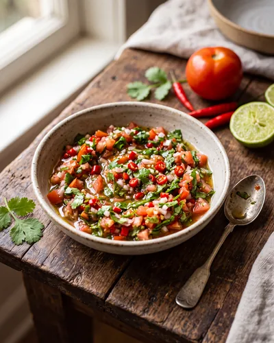 Budu Timor: a small rustic ceramic bowl of fresh Timorese chilli-lime-tomato relish — finely diced red tomato, minced red chilli and shallot, and chopped green herbs, glossy with lime juice and a little oil, with a whole tomato, red chillies and a lime half arranged beside the bowl.