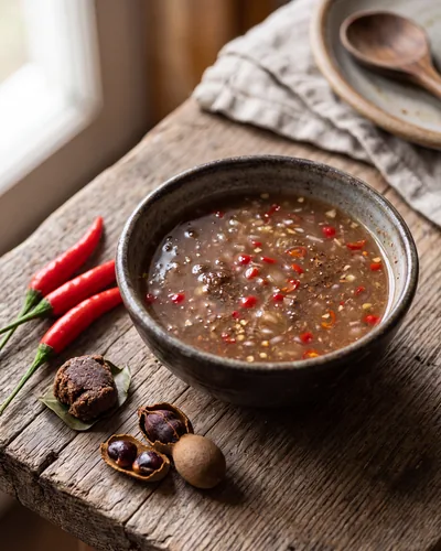 Cacah: a small rustic bowl of thin, sour, brown-red ambuyat dipping sauce flecked with chopped red chilli, garlic and shallot, with whole chillies, tamarind and a knob of belacan beside it.