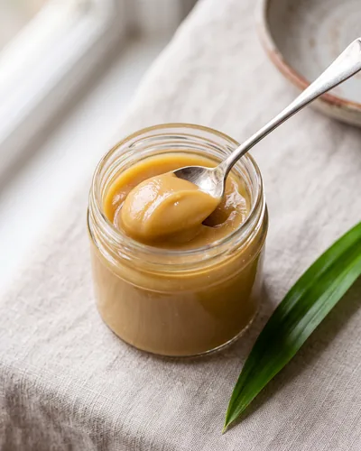 Kaya: a small jar and spoon of smooth, glossy, thick, spreadable pale-golden coconut-and-pandan egg jam, with a pandan leaf beside it.