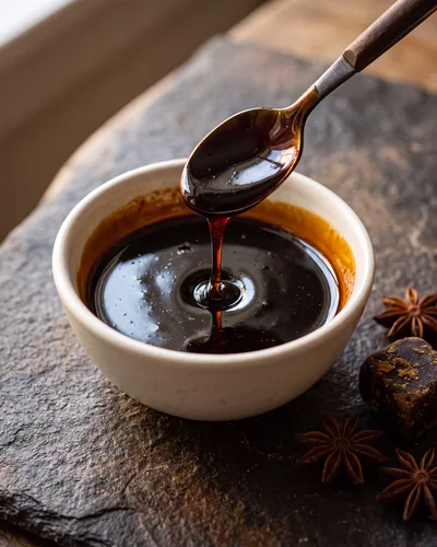 Kecap manis: a small dish of thick, glossy, almost-black sweet soy syrup being poured, with visible viscosity.