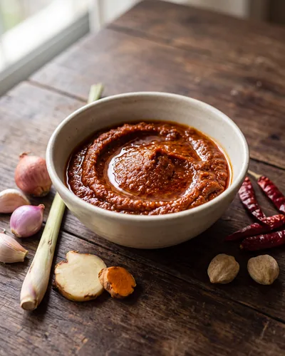 Malay rempah: a thick, deep red-orange fried spice paste in a pale bowl with a sheen of separated oil, surrounded by the whole aromatics it is built from — dried chillies, shallots, garlic, lemongrass, galangal, turmeric and candlenuts.