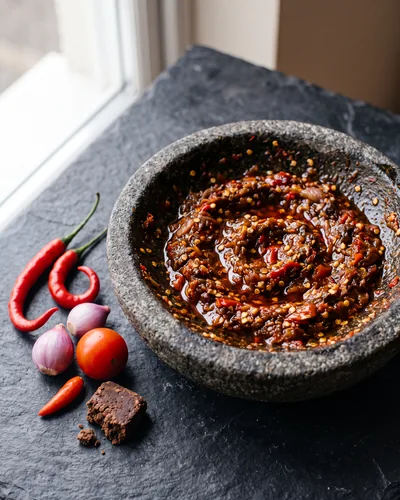 Sambal terasi in a small bowl: a coarse dark red chilli relish with visible seeds and separated oil.