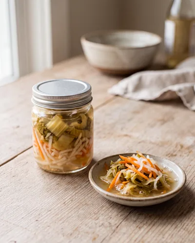 A sealed glass jar and a small dish of Southeast Asian fermented/pickled vegetables — pale golden mustard greens with shredded white radish and orange carrot in clear brine, on wood.