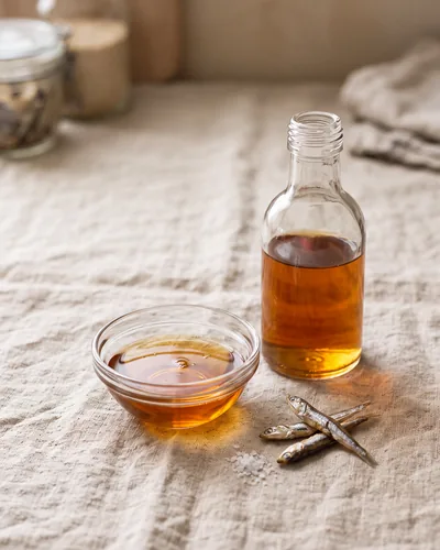 Thin amber-brown fish sauce in a small plain unbranded glass bottle and a clear tasting bowl, with a few tiny dried anchovies beside, on linen.