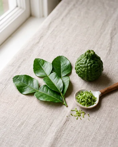 Glossy dark-green double-lobed makrut lime leaves on linen beside a knobbly warty dark-green makrut lime fruit and a spoon of finely grated green zest.