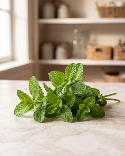 A small bunch of fresh mint on pale marble: rounded, crinkled, paired bright-green leaves with serrated edges on square stems.