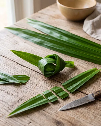 Long slender glossy deep-green pandan leaves on wood, some laid straight, one tied in the traditional cooking knot, and some cut into segments.