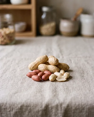 A small pile of raw peanuts on linen in three forms: whole in tan papery shells, shelled kernels with red-brown skins, and pale blanched kernels.
