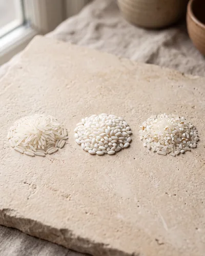 Three small piles of raw uncooked rice on a pale stone slab: long slender translucent jasmine grains, shorter opaque chalky-white glutinous (sticky) grains, and small fragmented broken rice, arranged for pantry comparison.