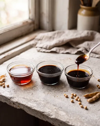 Three small bowls of soy sauce — translucent reddish light soy, opaque near-black dark soy, and a thick glossy sweet soy shown mid-drip — with a few soybeans, on stone.