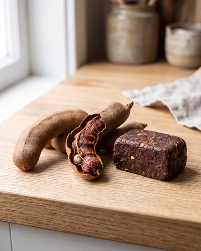 Whole brown tamarind pods, one cracked open to reveal sticky fibrous reddish-brown pulp around pale seeds, beside a pressed block of tamarind pulp, on wood.