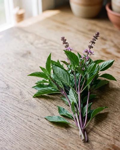 A small bunch of Thai basil on wood: narrow pointed deep-green leaves on purple-reddish stems, topped with one or two purple flower spikes.