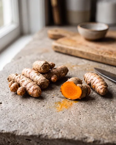 Several small knobbly turmeric rhizomes on stone with thin tan skin, one cut open to reveal vivid deep-orange flesh with an orange stain on the surface.