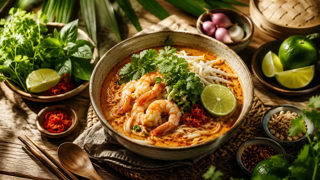 A bowl of Southeast Asian noodle soup with prawns, herbs and chilli, steaming on a dark table.