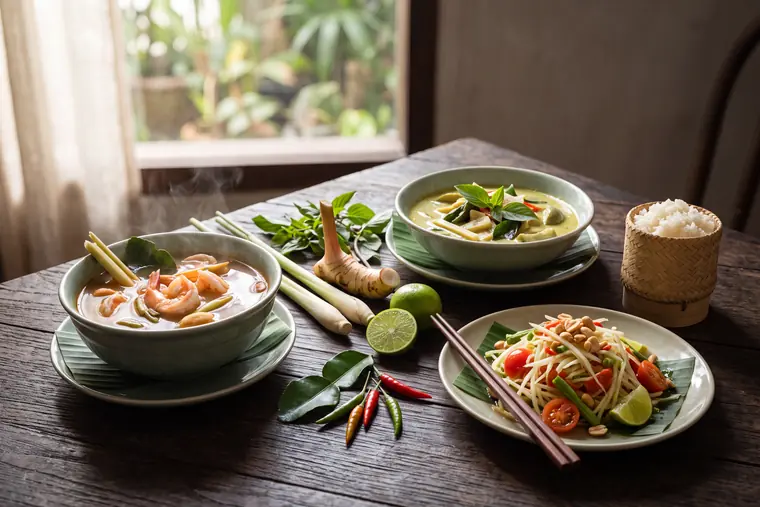 The Thailand table from the cookbook, laid with the dishes of the chapter.