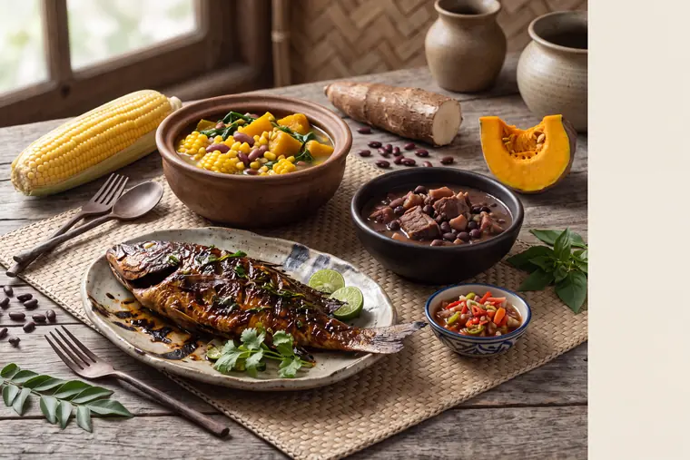 The Timor-Leste table from the cookbook, laid with the dishes of the chapter.