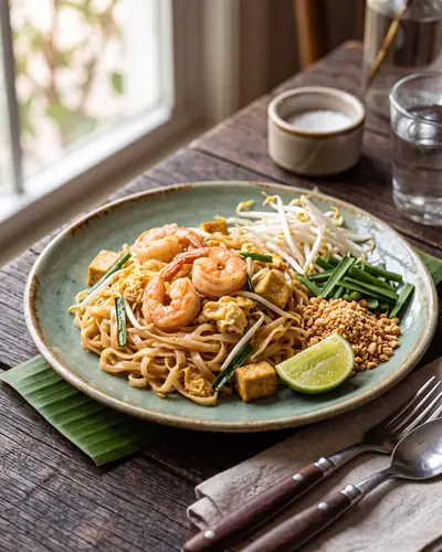 Thai stir-fried rice noodles with shrimp, egg, bean sprouts, garlic chives, peanuts, and lime.