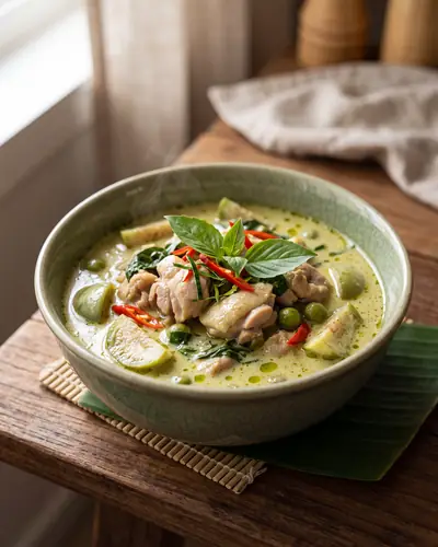 Thai green curry with chicken, Thai eggplant, pea eggplant, red chili, and sweet Thai basil, served with jasmine rice in a celadon bowl.