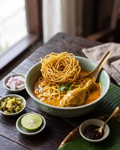 Northern Thai khao soi: a golden coconut curry noodle soup with chicken, soft egg noodles, a crown of crispy fried noodles, pickled mustard greens, shallots, and lime.