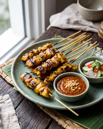 Grilled Thai chicken satay skewers with a bowl of peanut sauce and cucumber relish (ajad) on a celadon plate.