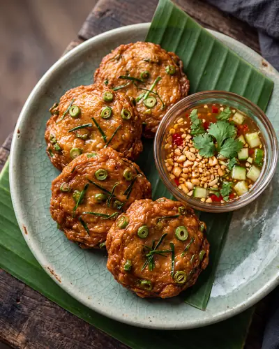 Thai fish cakes (tod mun pla): golden deep-fried fish cakes flecked with makrut lime leaf and long bean, with a sweet chili dipping sauce.