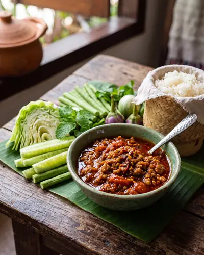 Nam prik ong: a Northern Thai pork and tomato chili relish in a celadon bowl with a platter of fresh vegetables and sticky rice.