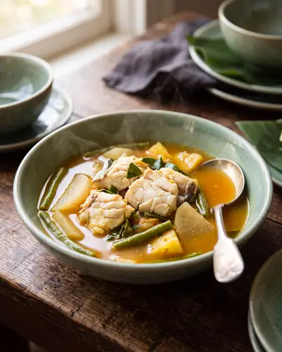 Gaeng som, a Southern Thai sour curry: a thin, translucent orange-yellow broth with flaked white fish, daikon and green beans in a celadon bowl.