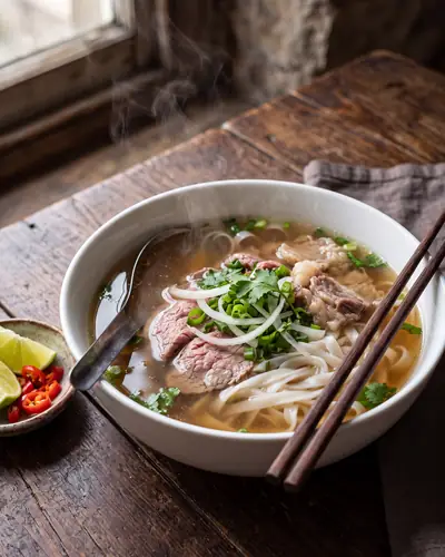 A deep bowl of northern-style phở bò: clear beef broth over flat rice noodles with sliced beef, scallion and cilantro.