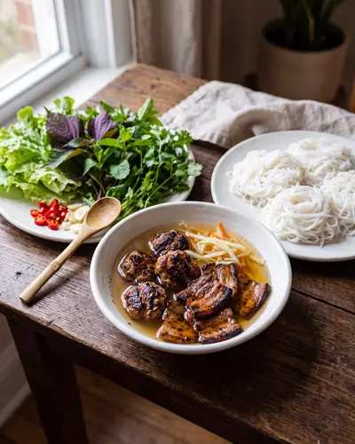 Bún chả: grilled pork patties and belly in a bowl of dipping broth with a plate of rice vermicelli and a herb platter.