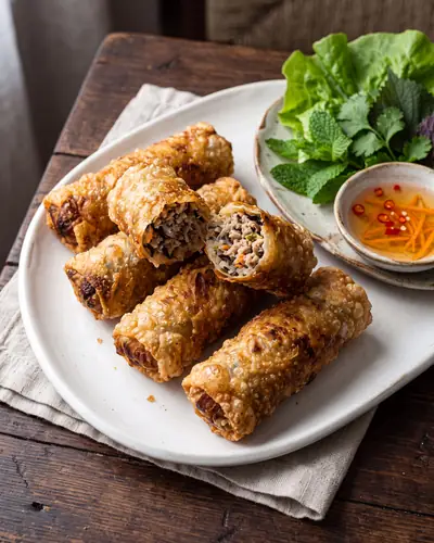 Chả giò fried spring rolls, deep golden and blistered, with lettuce leaves, herbs and a bowl of dipping sauce.