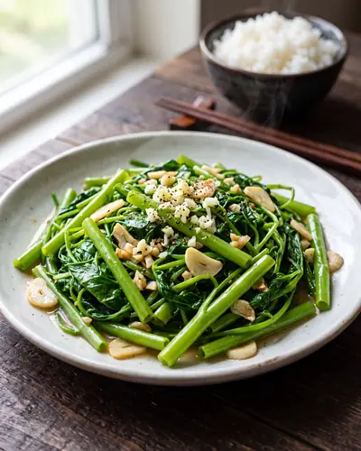 Rau muống xào tỏi: bright green stir-fried water spinach with sliced garlic, glossy in a shallow serving dish.