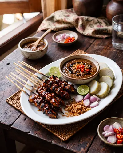 Sate ayam Madura: charred chicken skewers lacquered dark with kecap manis, with a thick brown peanut sauce, fried shallots and lontong.