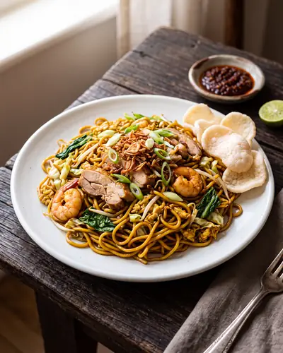 Mie goreng: dark glossy fried egg noodles with chicken, prawns, cabbage and greens, topped with fried shallots and a lime wedge.