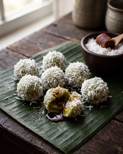 Klepon: small green glutinous rice balls rolled in white grated coconut, one broken open to show dark palm sugar syrup running out.