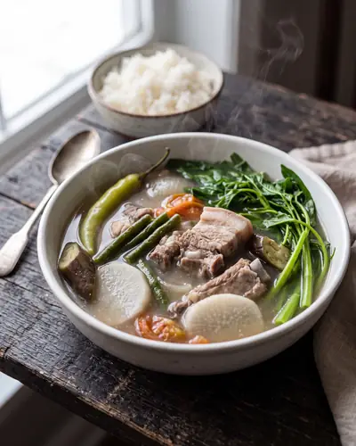 Sinigang na baboy: a thin, translucent pale grey-brown sour tamarind broth with pork belly and rib, white discs of daikon radish, long beans, sliced eggplant, softened tomato, one whole pale-green long chilli and leafy green spinach, in a deep white bowl.