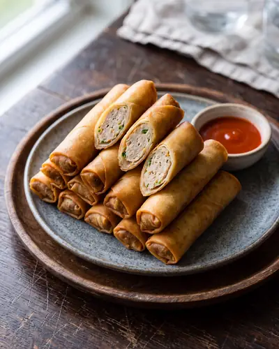 Lumpiang Shanghai: slim, finger-thin deep-fried pork rolls with smooth, tight, evenly golden wheat wrappers, stacked on a platter and cut short on the diagonal to show the dense pale filling, with a separate small bowl of bright red-orange banana ketchup.