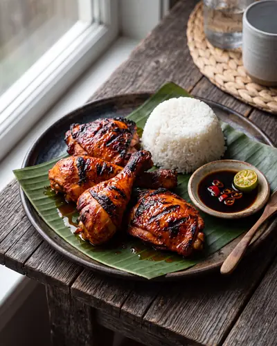 Chicken inasal: bone-in chicken thighs and drumsticks grilled over charcoal, the skin deep burnt-orange from annatto basting oil with blackened char bars, on a banana leaf with a mound of steamed rice and a small saucer of dipping sauce with calamansi and chilli.