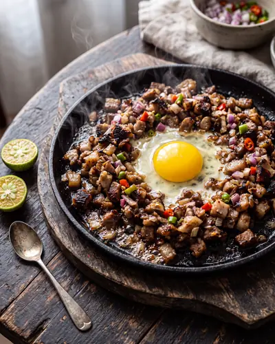 Sisig: finely chopped charred pork mixed with red onion and chilli on a hot black cast-iron sizzling plate, still steaming, with a freshly cracked raw egg sitting whole in the centre and halved calamansi beside the plate.