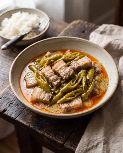 Bicol Express: cubes of layered pork belly in a thick pale coconut sauce with clear reddish-orange oil separating at the rim of the bowl, packed with sliced long pale-green chillies softened to olive-green, beside a bowl of steamed rice.