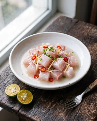 Kinilaw: cubes of raw ocean fish still translucent at the centre, dressed in a clear thin vinegar dressing with fine ginger matchsticks, paper-thin red onion, sliced red chilli and scallion, in a shallow white dish with halved calamansi alongside.