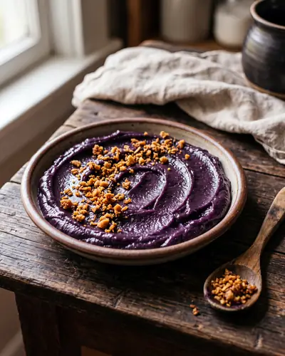 Ube halaya: a dense, glossy, deep natural violet purple-yam paste spread in a shallow dish and scored by a spoon, scattered with golden crumbly latik, with more latik on a wooden spoon beside it.