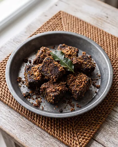 Rendang tok: very dark, almost-black chunks of beef, completely dry and encrusted in a crumbly toasted-coconut kerisik paste with loose spice crumbs, in a pewter dish on a rattan mat, with no sauce.