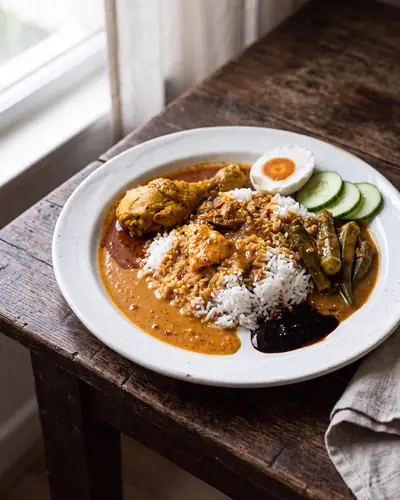 Nasi kandar: a plate of white rice deliberately flooded with several different curry gravies running into one another — a fried chicken piece in curry, a paler fish curry gravy, okra in gravy and a pool of dark soy-braised sauce — with half a salted egg and cucumber.