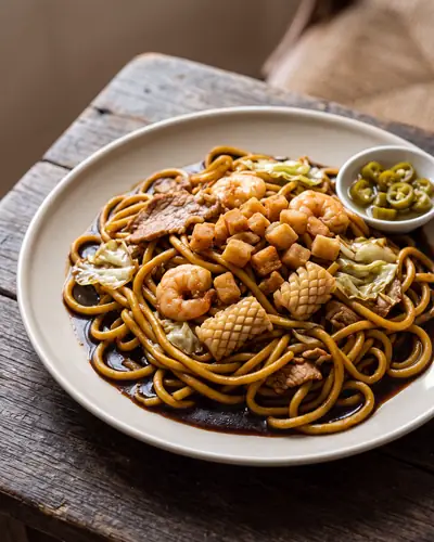 Hokkien mee, Kuala Lumpur style: thick round yellow wheat noodles braised in a dark, almost-black glossy soy gravy with sliced pork, prawns, squid and cabbage, scattered with crisp golden cubes of fried pork lard, with pickled green chillies alongside.