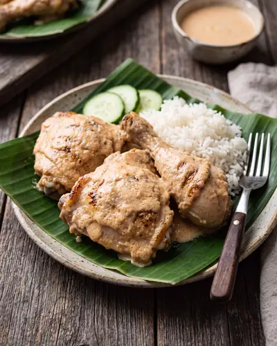 Ayam percik: bone-in grilled chicken coated in a pale creamy orange-beige coconut sauce with only light grill char, on a banana leaf with steamed rice and cucumber.