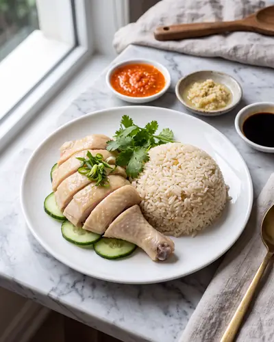Hainanese chicken rice: pieces of pale poached chicken with silky pale-yellow skin beside a mound of glossy stock-and-fat savoury rice and cucumber slices, with three separate small dishes of bright red garlic-chilli sauce, grated ginger and dark soy.