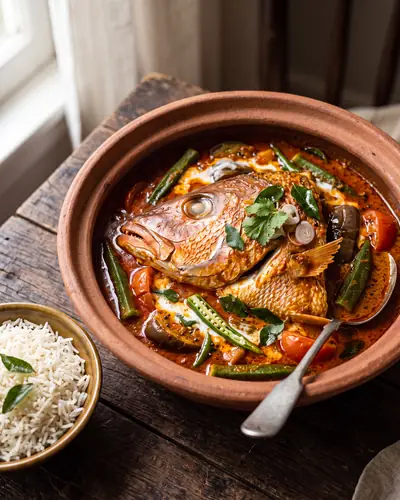 Fish head curry: a whole red-snapper fish head as the centrepiece in a thick red-orange tamarind-and-coconut curry with okra, aubergine, tomato, green chilli and curry leaves, with steamed rice alongside.