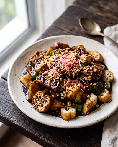 Singapore rojak: chunks of pineapple, cucumber and jicama with fried tofu puffs and cut dough sticks, heavily coated in a thick, glossy, near-black hae-ko prawn-paste dressing and scattered with crushed peanuts and sliced pink torch ginger flower.