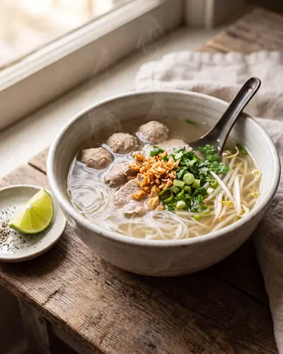 Kuy teav: a bowl of clear, pale pork broth with thin rice noodles, sliced pork and round pork meatballs, topped with golden fried garlic, scallion, herbs and bean sprouts, with a lime wedge and black pepper on a small side dish.